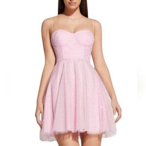 Nwot Elegant Pink Soft Glitter Tulle Big Bow Prom/Party Lace Up Back Mini Dress